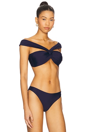 MILLY Olivia Draped Bandeau Bikini Top in Navy. Size S. Also