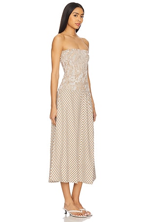 MINKPINK Artemis Shirred Midi Dress in Tan