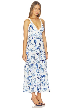 MINKPINK Baci Cross Back Midi Dress in White, Blue