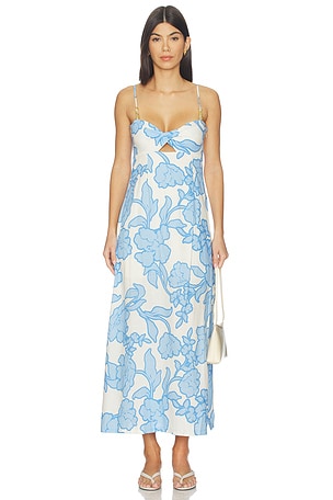 MINKPINK Alessia Twist Front Midi Dress in Blue,White