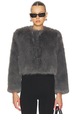 Jordyn Cropped Faux Fur Jacket in Dark Grey MISA Los Angeles