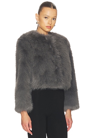 MISA Los Angeles Jordyn Cropped Faux Fur Jacket in Dark Grey in Grey. Size XS. Also