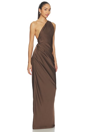 MISHA The Isadora Satin Maxi Dress in Brown