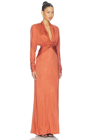 MISHA Twist Jersey Longsleeve Dress in Brown
