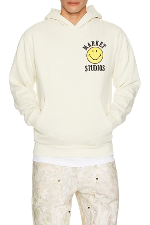 Market Smiley Upside Down Lockup Hoodie in White. Size XL/1X. Also