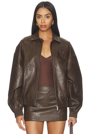Faux Leather Floral Imprinted Baseball Jacket Markgong