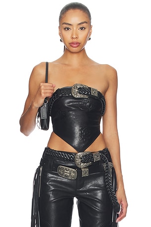 Faux Leather Floral Imprinted Tube Top With Detachable Belt Markgong