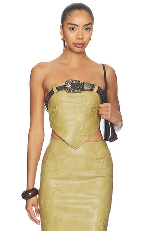 Dust Faux Leather Floral Imprinted Tube Top With Detachable Belt Markgong