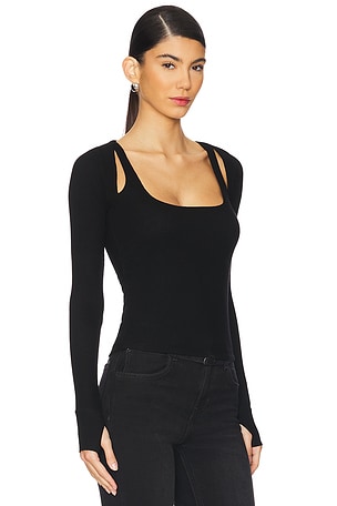 Michael Lauren Stanfield Long Sleeve Fitted Scoop Neck With Cutouts in Black