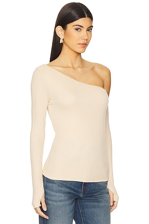 Michael Lauren Magdaleno Long Sleeve Asymmetrical Fitted Cold Shoulder Top in Nude,Neutral