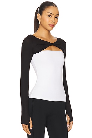 Michael Lauren Ace Long Sleeve Knotted Neck Top in Black,White