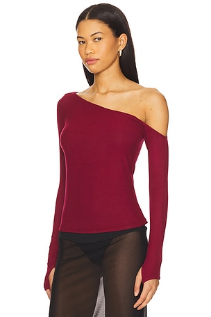 Michael Lauren Magdaleno Asymmetrical Fitted Cold Shoulder Long Sleeve Top in Burgundy. Size XS. Also