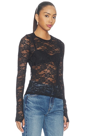 Michael Lauren Vero Longsleeve Fitted Lace Top in Black