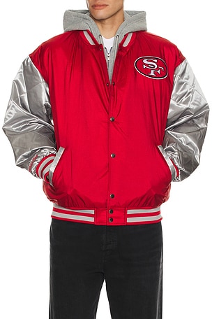 Mitchell & Ness NFL 49ers Diamond Fusion Vintage Logo Button Front Jacket in Red