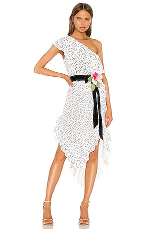 MARIANNA SENCHINA One Shoulder Dress in White With Black Polka Dot