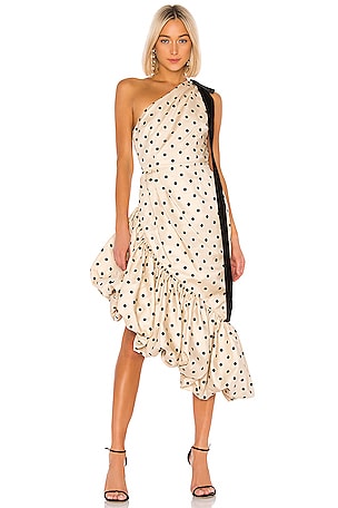 MARIANNA SENCHINA Asymmetrical Dress in Nude With Black Polka Dot