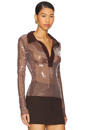 Monse Sequin Polo Top in Brown