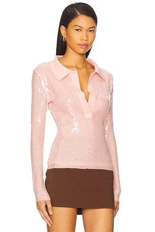 Monse Knit Collar Sequin Polo Top in Pink