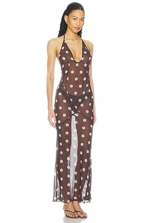 MORE TO COME X Emma Rose Reva Maxi Dress in Dark Brown & Blue Dot