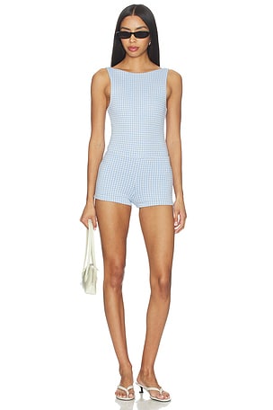 Penelope Boat Neck Romper Blue Gingham MORE TO COME