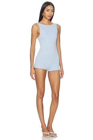 MORE TO COME Penelope Boat Neck Romper Blue Gingham in Blue