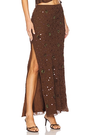 Mirror Palais Beaded Low Rise Skirt in Chocolate