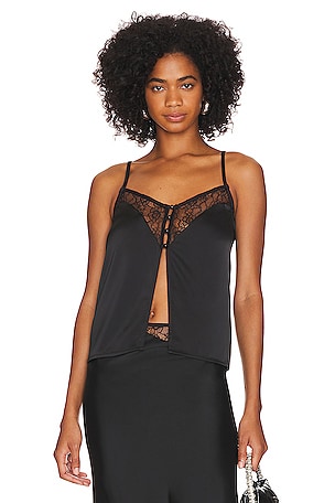 Lace Trim Pleated Cami in Black, Tops