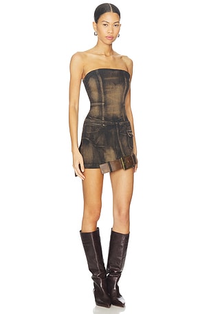 MARRKNULL Dislocated Strapless Dress in Brown