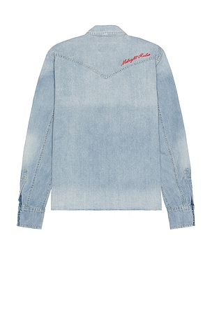 Midnight Rodeo Distressed Denim Shirt in Blue