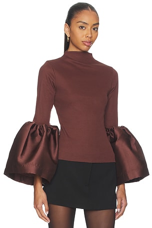 Marques ' Almeida Heavy Satin Turtleneck Puff Sleeve Top in Brown