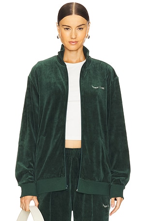 Museum of Peace and Quiet Wordmark Velour Jacket in Dark Green