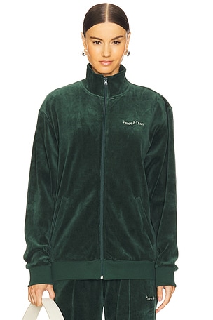 Museum of Peace and Quiet Wordmark Velour Jacket in Dark Green