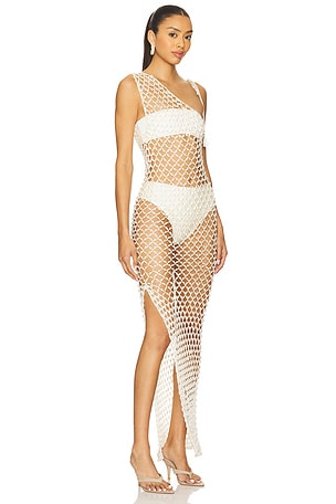 My Beachy Side Serene Hand Crochet Pearl Beaded One Shoulder Maxi Dress in Ivory