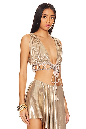 My Beachy Side Low Cut V Neck Crop Top in Metallic Bronze