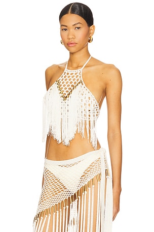 My Beachy Side Aria Hand Crochet Fringe Halter Top in Ivory