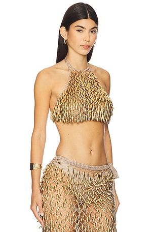 My Beachy Side Adora Hand Crochet Beaded Halter Top in Metallic Bronze