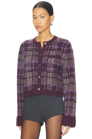 NAADAM Luxe Plaid Jacquard Cardigan in Purple
