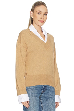NAADAM Cotton Cashmere Mixed Media V-neck in Brown