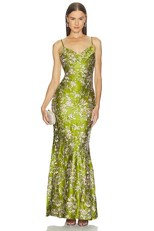 Green Satin Embellished Maxi Dress Nadine Merabi