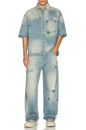 Nahmias Denim Bandaid Short Sleeve Shirt in Blue