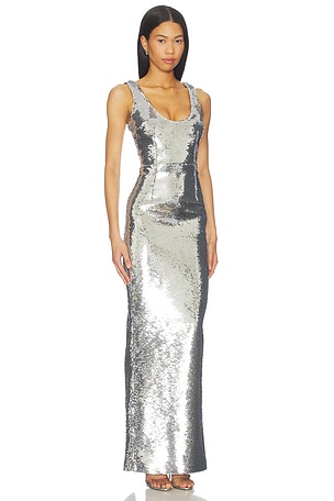 The New Arrivals by Ilkyaz Ozel Manu Sequin Maxi Dress in Metallic Silver