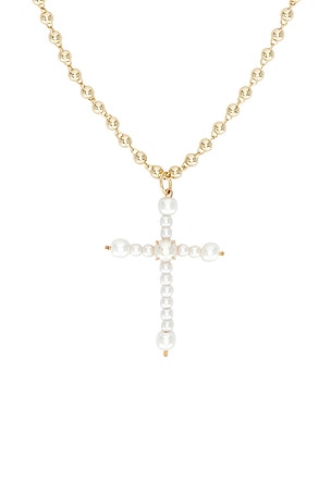 Natalie B Jewelry Charity Pearl Cross Necklace in Metallic Gold