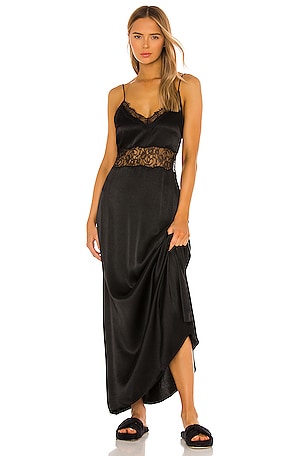 NBD Lace Trim Slip Dress in Satin in Black | REVOLVE