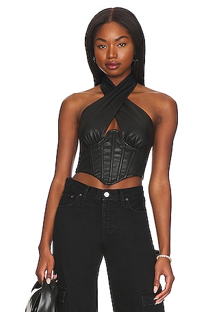 L'AGENCE Criss Cross Front Crop Top in Black