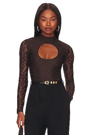 Womens Clothing Brown Lace Bodysuit Abstract Mesh Lace-Up Long