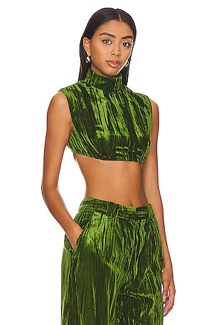 NBD Crinkled Velvet Backless Crop Top in Green