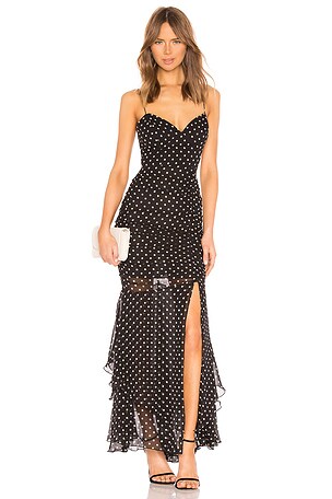 NICHOLAS Polka Dot Drawstring Layered Gown in Black REVOLVE