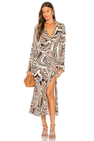 NICHOLAS Michelle Long Sleeve Twist Front Midi Dress with Collar in 70s  Marble Swirl | REVOLVE
