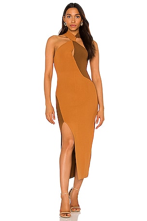 knee length dresses for ladies Cara Cara Twist Halter Petal Wave Scarf Midi Dress