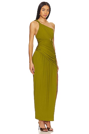 NICHOLAS Nala Draped Asym Midi Dress in Green